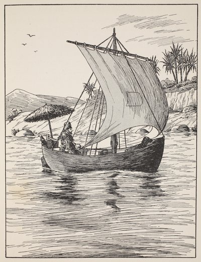 Robinson Crusoe på sin båd, illustration fra The Story of Robinson Crusoe: En tilpasning for børn efter Defoes sprog, pub. af Griffith Farran Browne & Co. Limited, London af English School