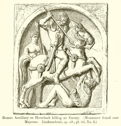 Romersk medhjælper på hesteryg dræber en fjende. (Monument fundet nær Mayence. Lindenschmit, op. cit., vii. No. 3) af English School