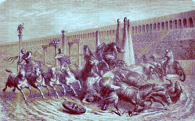 Romerske offentlige spil under imperiet - vognløbet i cirkus, illustration fra The Illustrated History of the World, udgivet ca. 1880 (digitalt forbedret billede) af English School