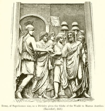 Rom, af overmenneskelig størrelse, giver som en guddommelighed verdenskloden til Marcus Aurelius. (Bas-relief; ibid) af English School