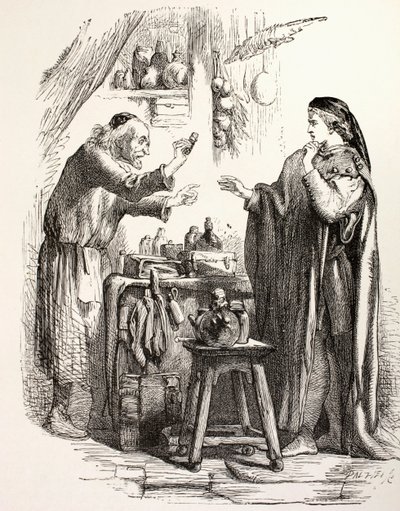 Romeo køber gift fra apoteket, illustration fra Romeo og Julie, fra 