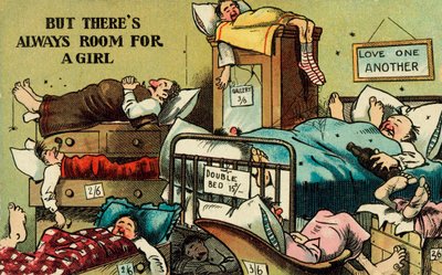 Værelse fuld af mænd, der sover på alle tilgængelige pladser (farve litho) af English School