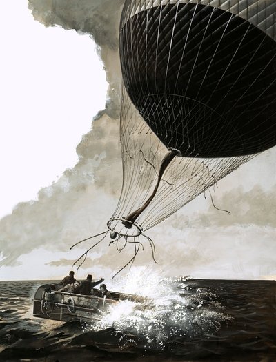 Rosemary Mudie og hendes mand forsøger en transatlantisk passage med ballon (gouache på papir) af English School