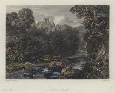 Roslin Castle, Skotland (farvet gravering) af English School