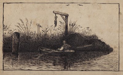 Ruderboot passiert einen Galgen von English School