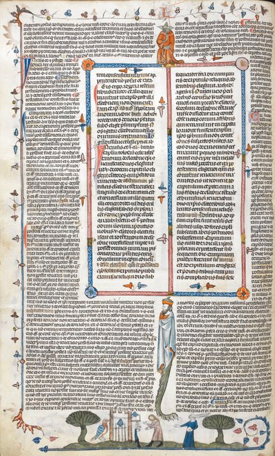 Royal 10 E. IV, f.30v, Tekst og bas-de-page scene af en mand og en kvinde uden for en bygning, fra 