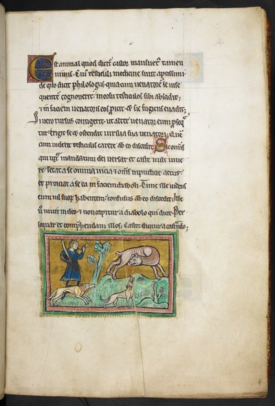 Royal 12 F.XIII, f.14 En ulv (?) med blod ud af munden, og en jæger med hunde, fra Rochester Bestiary, 2. kvartal af det 13. århundrede af English School