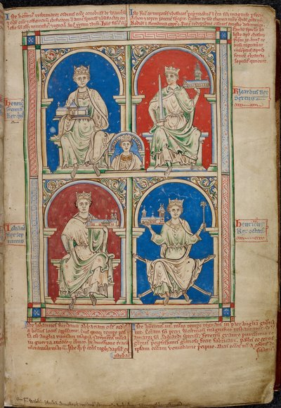 Royal 14 C. VII, f.9 Fire Kings of England: Henry II, Richard I, John and Henry III with Westminster Abbey, fra 