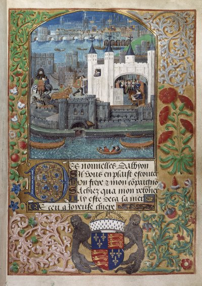 Royal 16 F. II, f.73 The Tower of London, med London Bridge bagved. Charles, hertug af Orleans, blev set skrive, stå ved et vindue og sende et brev i gården af English School