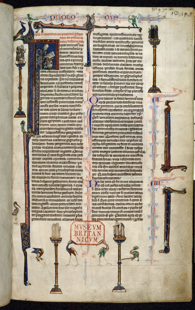 Royal 1 D I, f.1r, Jerome, brødre på søjler, fra Bibelen af William af Devon (vellum) af English School