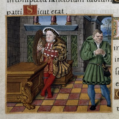 Royal 2 A. XVI, f.63v Henry VIII med en harpe og hans nar, William Somers, Salme 52, fra 