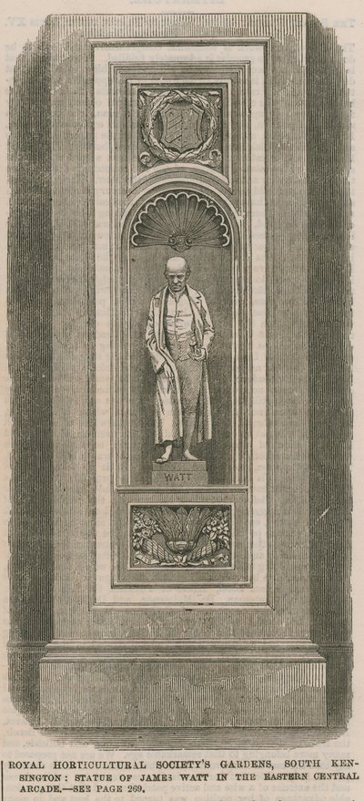 Royal Horticultural Society Gardens, South Kensington: statue af James Watt i den østlige centrale arkade af English School