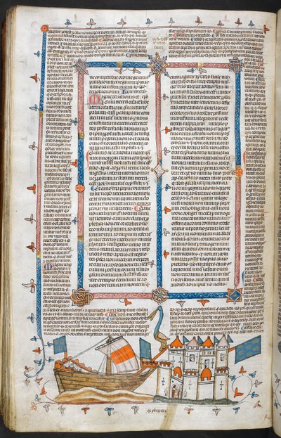 Royal MS 10 IV f.208v Naval attack and Marginal Decoration, illustration fra 