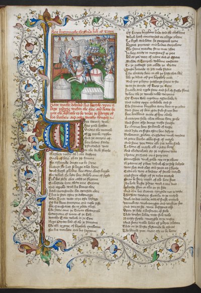 Royal MS 18 D II, f.66v, Miniature of Hector, der dræber Patroclus, med et oplyst initial 