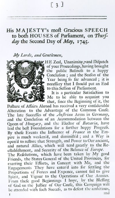 Kongelig tale til begge parlamentshuse, 2. maj 1745 (tryk) af English School
