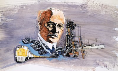 Rudolf Diesel på baggrund af tog, både og kajer af English School