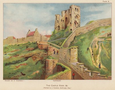 Ruinen af Scarborough Castle (farvelitografi) af English School