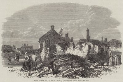 Ruinerne af landsbyen Billinghay, Lincolnshire, efter den sene brand (gravering) af English School
