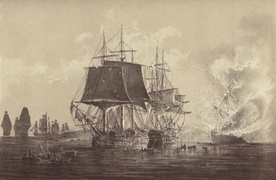 Russisk skib Vsevolod ødelagt i nærværelse af den russiske flåde efter aktionen med HMS Implacable, knyttet til den svenske flåde og kommanderet af kaptajn Thomas Byam Martin, i Østersøen, 26. august 1808 (litho) af English School