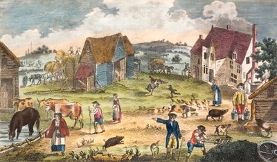 Rustik gårdscene (farvegravering) af English School
