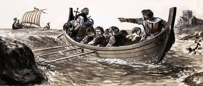 Saint Malo flygter fra plyngende vikinger (gouache på papir) af English School
