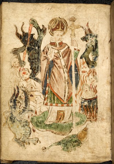 Saint Patrick, i biskoppens dragt, holder et krucifiks og laver en velsignelsesgest, står på øen Lough Derg, Donegal (Irland), omgivet af dæmoner og plagede sjæle. Billede taget fra ""Skærsilden fra Saint Patrick"", engelsk manuskript, m af English School
