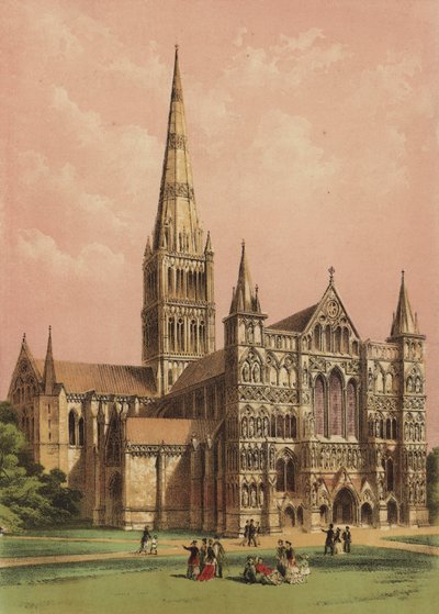 Salisbury Cathedral, Wiltshire (farvelitografi) af English School