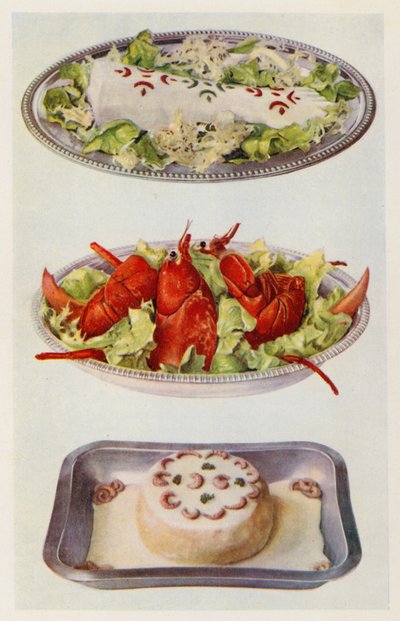 Laksemayonnaise; hummersalat; fiskesouffle (farvelitografi) af English School