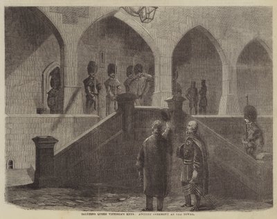 Hilsen dronning Victorias nøgler, gammel ceremoni ved tårnet (gravering) af English School