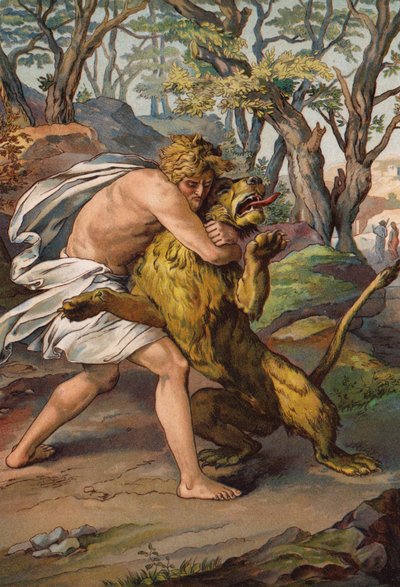 Samson dræber løven (chromolitho) af English School
