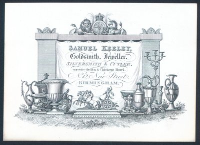 Samuel Keeley, guldsmed, guldsmed, sølvsmed og skærer, handelskort af English School