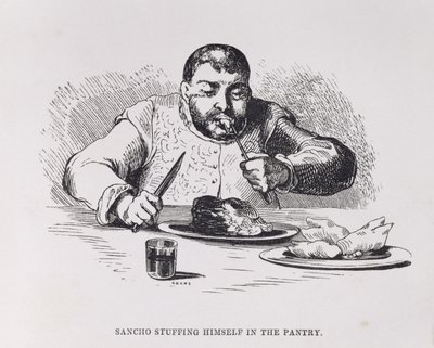 Sancho stopft sich in der Speisekammer voll, Akt III, Szene XI aus Don Quixote in England. Eine Komödie, graviert von Sears, veröffentlicht 1733 von English School