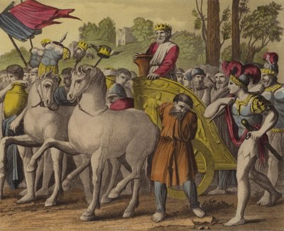 Sauls omstyrtelse og død (farve litho) af English School