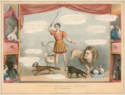 Scene fra Drury Lane Theatre, London; tegneserie af English School