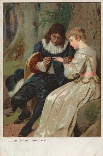 Scener fra Gaetano Donizettis tragiske opera Lucia di Lammermoor (chromolitho) af English School