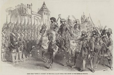 Scene fra "Pietro il Grande," ved den kongelige italienske opera, anmeldelsen ved slaget ved Pultava (gravering) af English School
