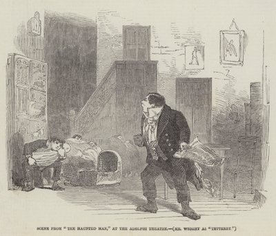 Scene fra "The Haunted Man," på Adelphi Theatre, Mr Wright som "Tetterby" (kobberstik) af English School