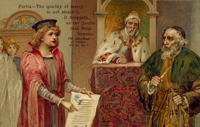 Scene fra Købmanden i Venedig af William Shakespeare (farvelitografi) af English School