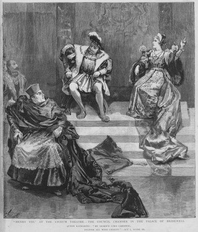 Scene fra en produktion af Shakespeares Henry VIII på Lyceum Theatre, London (litho) af English School