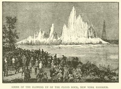 Scene af sprængningen af Flood Rock, New York Harbor (gravering) af English School