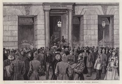 Scene uden for Birkbeck Bank, London, under byggesamfundskrisen i 1892 (litho) af English School