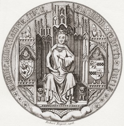 Segl af Robert Stewart, hertug af Albany, ca. 1340 1420. Medlem af det skotske kongehus, regent, guvernør i Skotland, Hertug af Albany, jarl af Fife og Menteith. Fra Iconographia Scotica eller Portraits of Illustrious Persons of Scotland, udgivet 1797. af English School