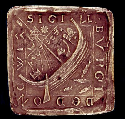 Segl fra City of Dunwich i Suffolk. Et skib er repræsenteret i et oprørt hav, hvilket sandsynligvis hentyder til de storme, der ødelagde en del af byen i 1286 og 1347. 1300-tallet. Paris, Nationalarkivet af English School