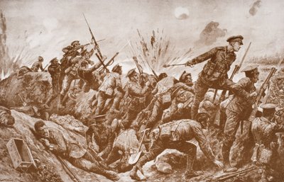 Sekondløjtnant G.H. Woolley i forsvaret af Hill 60 med sine mænd af English School