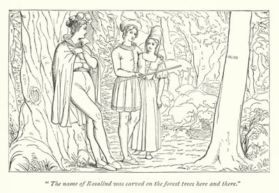 Shakespeares Som du kan lide det; Orlando ser Rosalind forklædt som Ganymedes (gravering) af English School