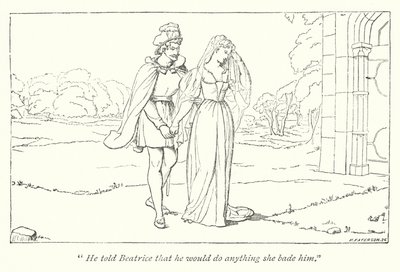 Shakespeares Much Ado About Nothing; Beatrice beklager Heros skændsel over Benedick (gravering) af English School
