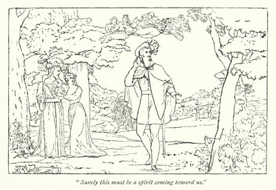 Shakespeares Stormen; Ferdinand ledet af Ariels sang (gravering) af English School