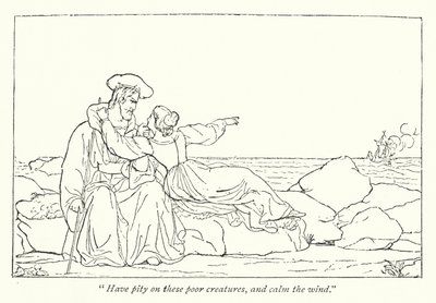 Shakespeares Stormen; Miranda beder sin far om at dæmpe vinden (gravering) af English School