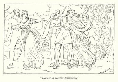 Shakespeares Titus Andronicus; Demetrius, anstiftet af Tamora, myrder Bassianus (gravering) af English School