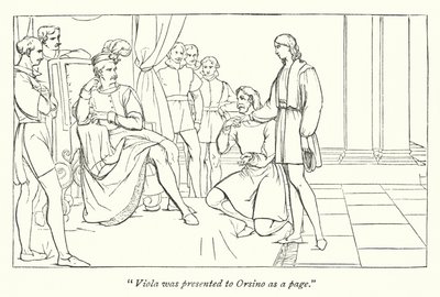 Shakespeares tolvte nat; Billedteksten præsenterer Viola for Orsino af English School